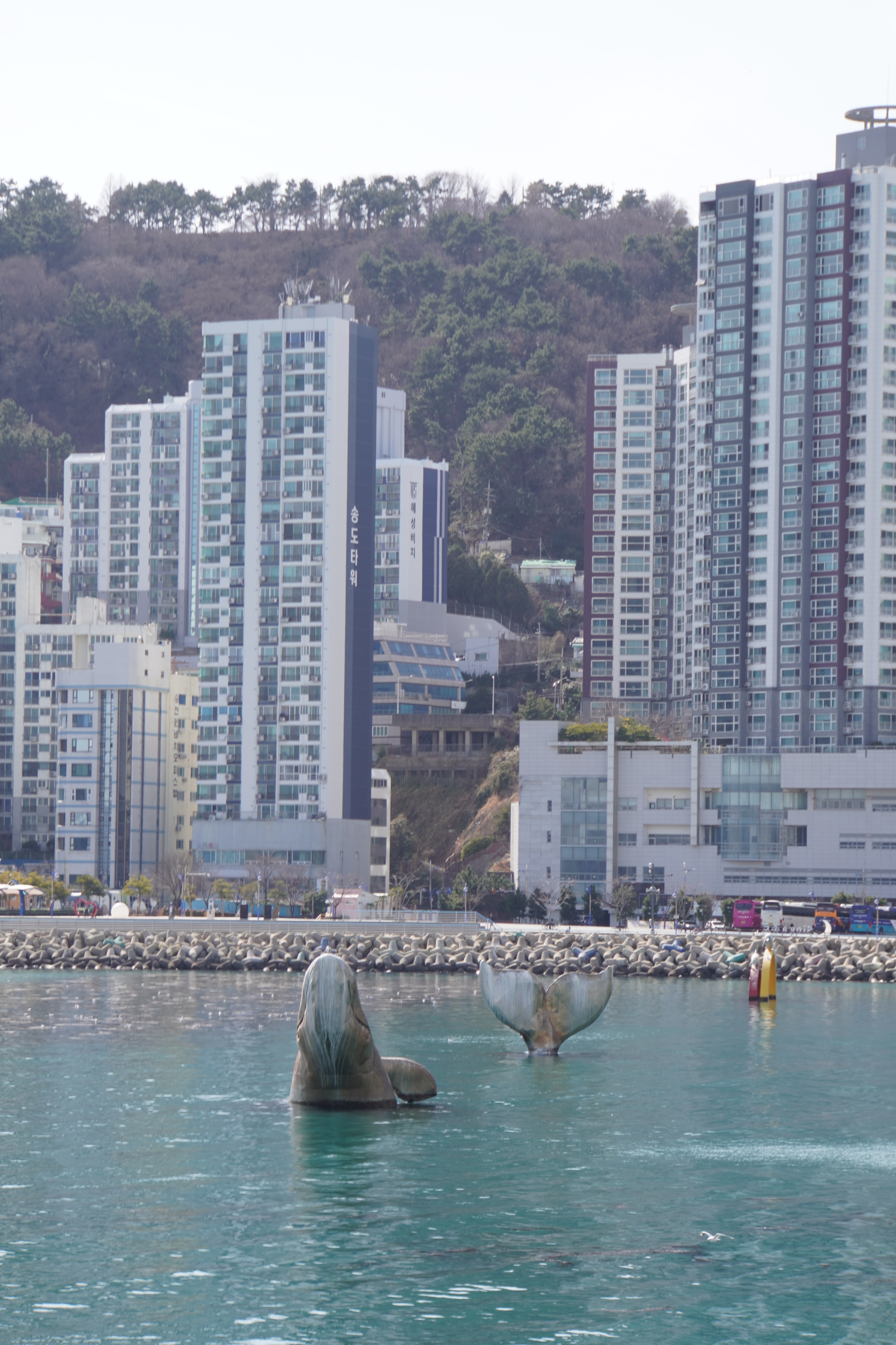Wal Statue vor Stadt
